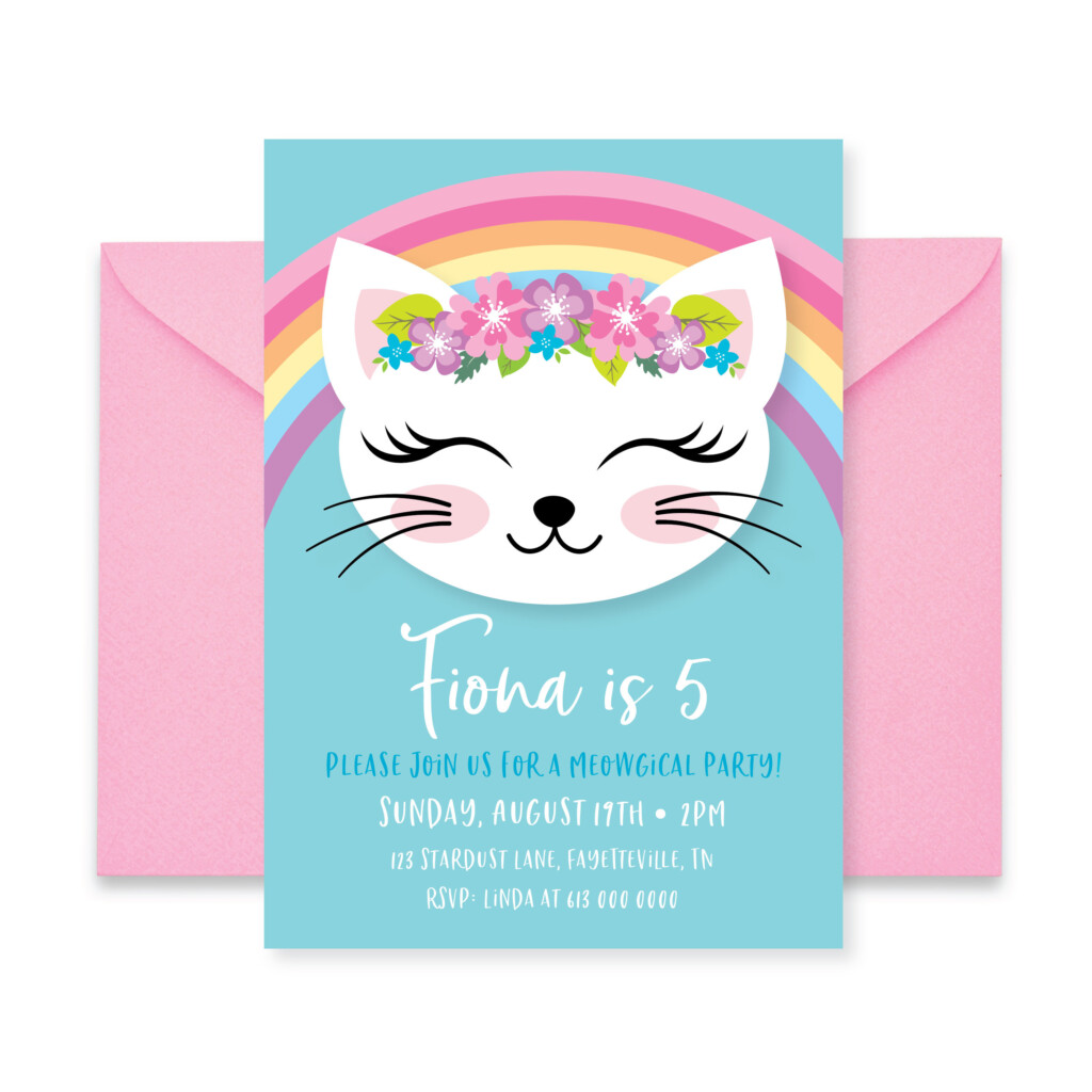 Cat Rainbow Birthday Party Invitation Kitten Cat Birthday Girl 