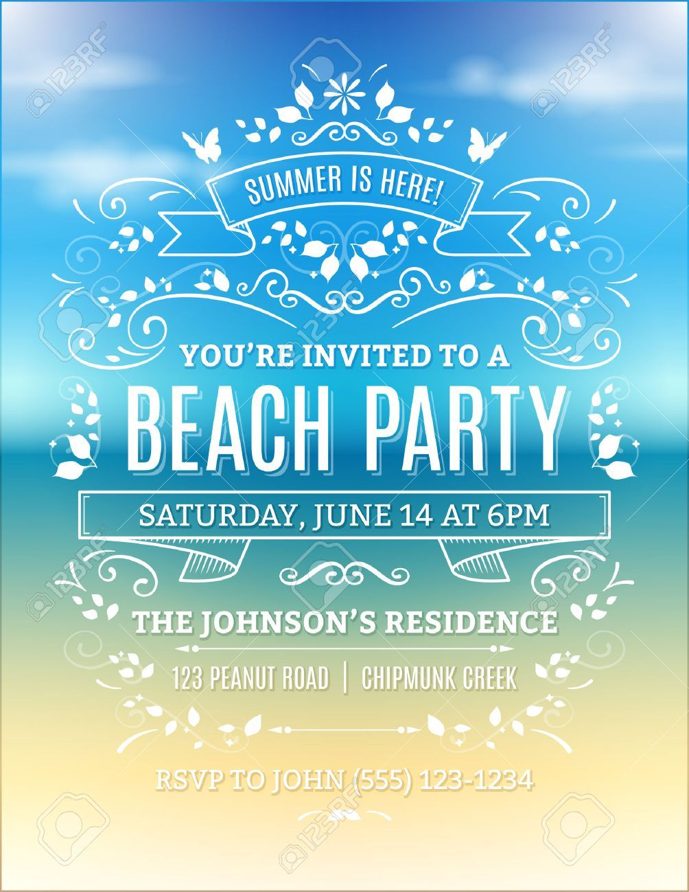 Beach Party Invitation With White Ornaments And Ribbons On A Blurry Beach Party Invitation With White Ornaments And Ribbons On A Blurry