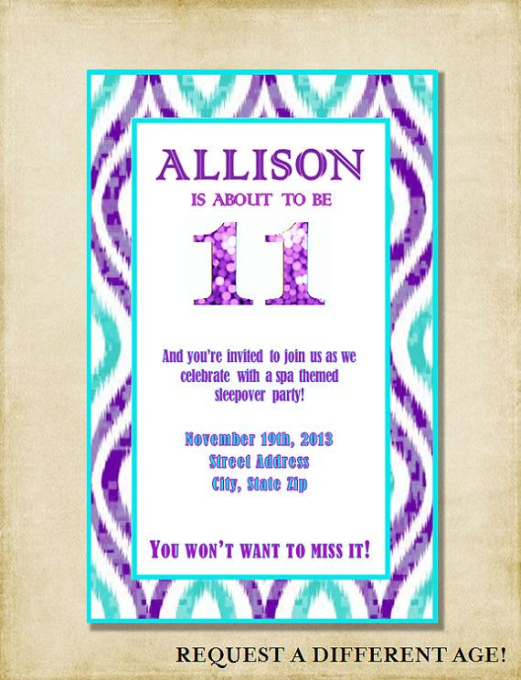 Girl 11th Birthday Party Invitation Purple Aqua By Girl 11th Birthday Party Invitation Purple Aqua By