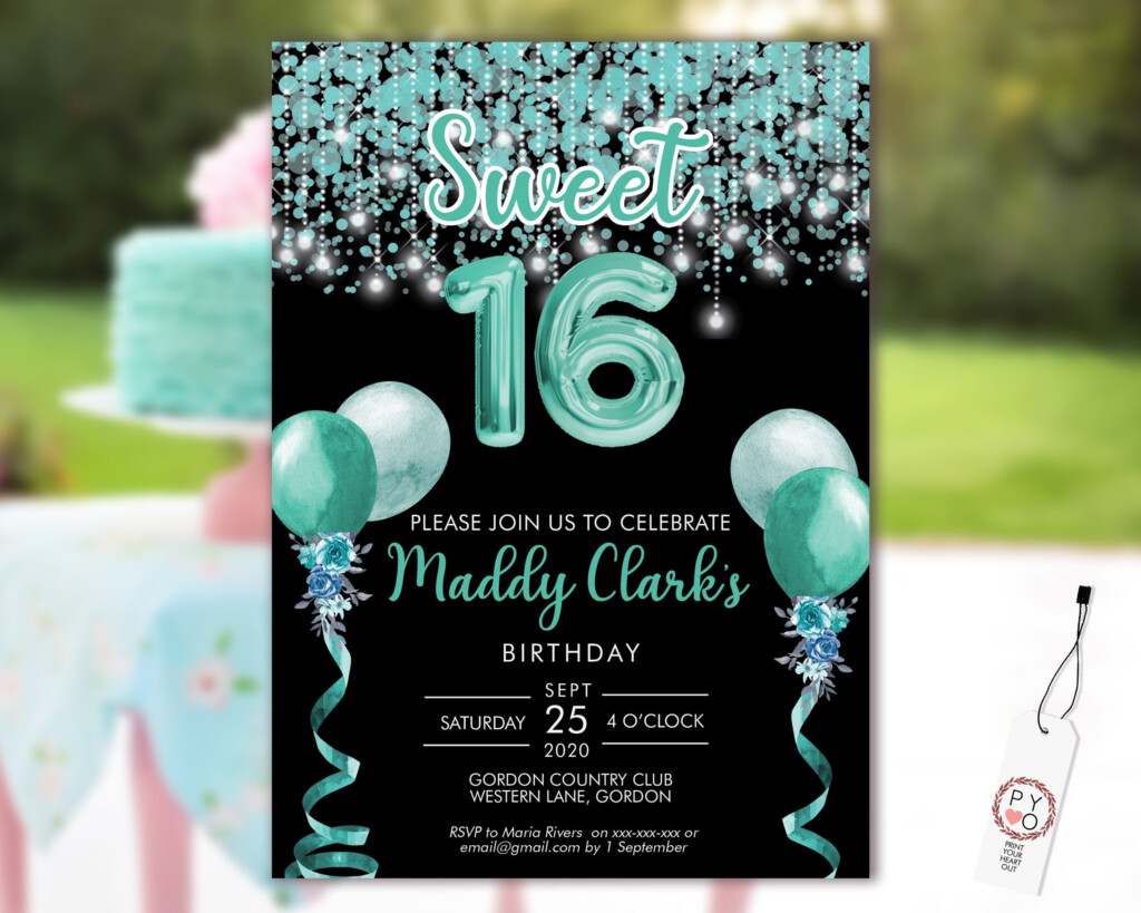 Sweet 16 Aqua Party Invitation Printable Template Black Editable 